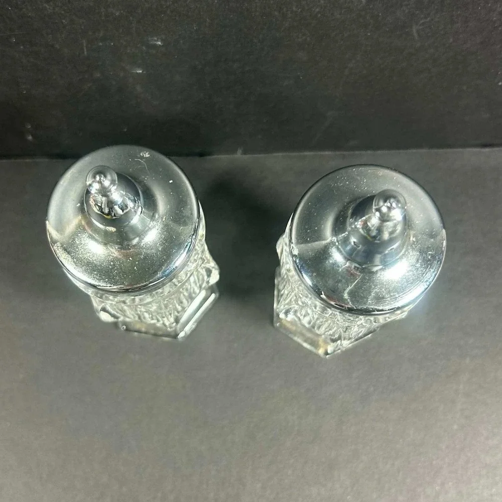 Vintage Fostoria Crystal Revere Footed Metal Lid Salt and Pepper Shaker Set